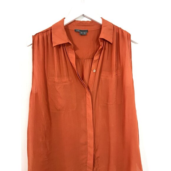 VINCE Orange Sleeveless Silk Button Down Collared Blouse Size M - Picture 4 of 5